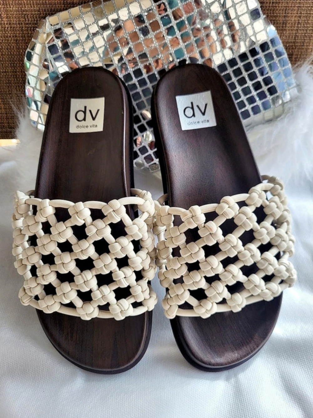 dv by Dolce Vita Sicily Woven Slide Sandals Brown & Cream US 6.5